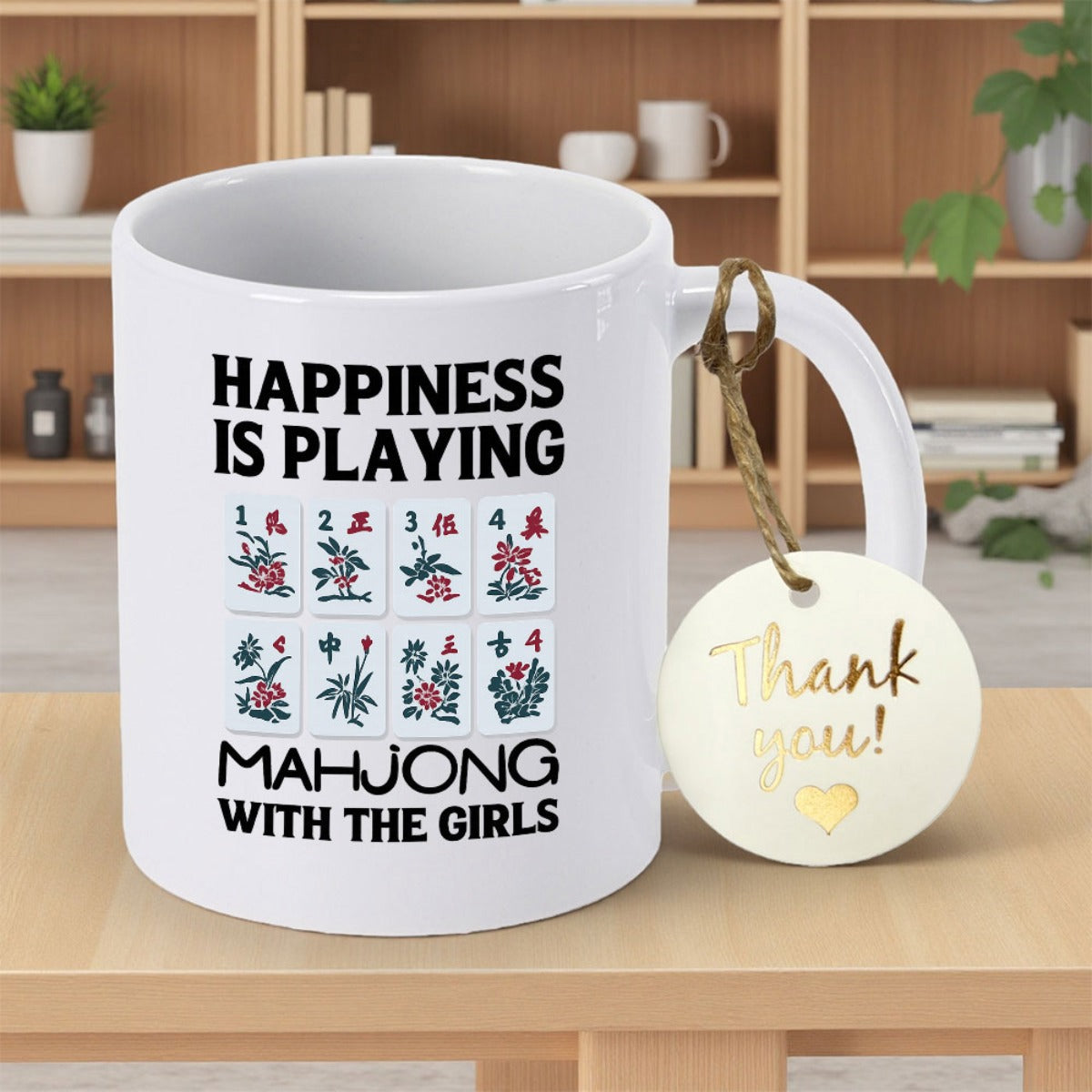 Tailorly White Ceramic 11 oz Mug - Happiness Is Playing Mahjong With The Girls Traditional Game Tiles With Seasonal Floral Illustrations And Characters Mahjong