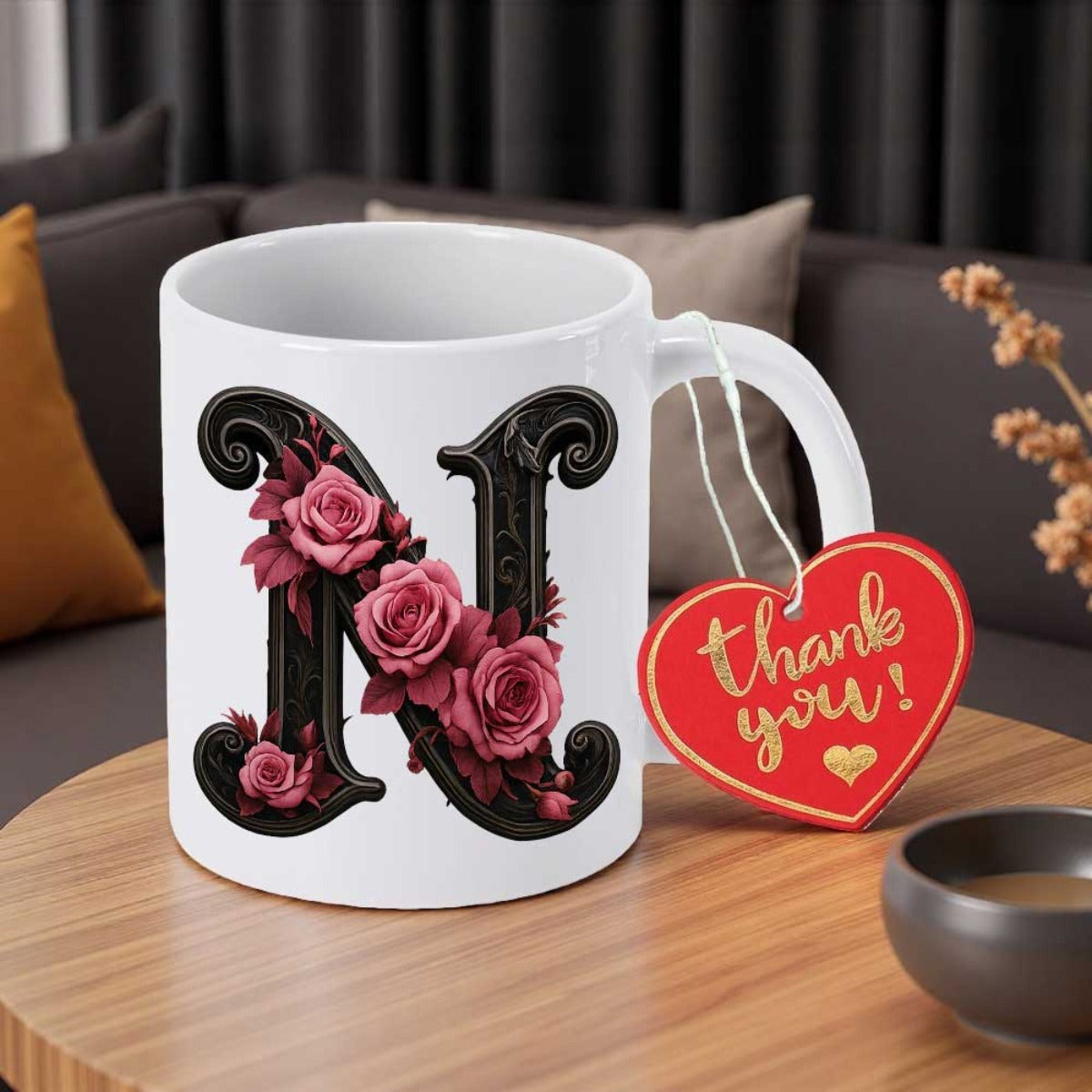 Tailorly White Ceramic 11 oz Mug - Thank You Elegant Artistic Monogram With Blooming Pink Flowers And Vintage Dark Letter N