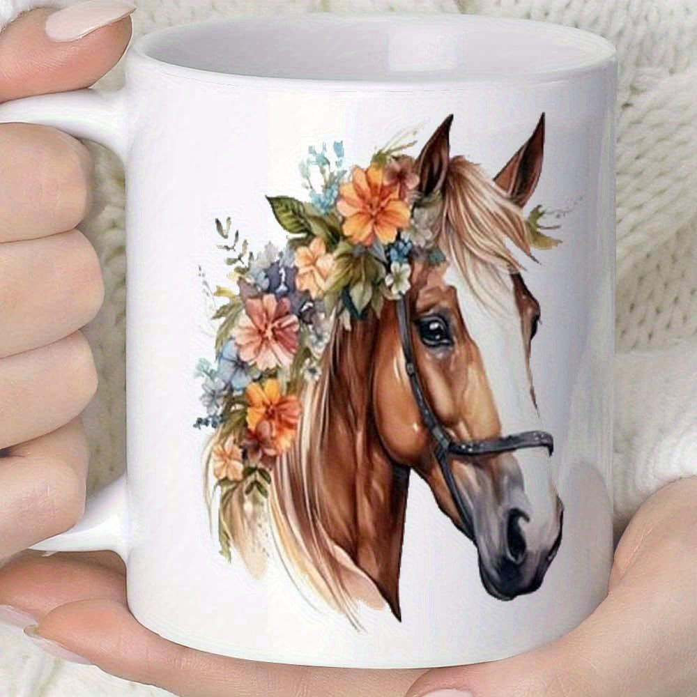 Tailorly White Ceramic 11 oz Mug - Elegant Brown Stallion Adorned With Vibrant Spring Blooms And Green Leaves Horse