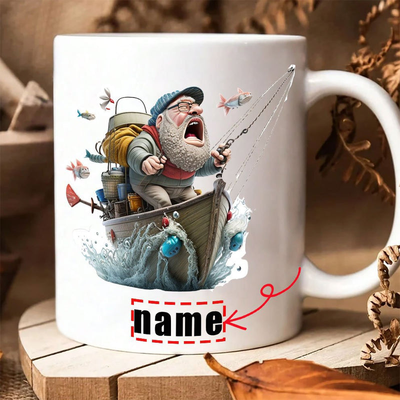 Tailorly White Ceramic 11 oz Mug - Name Elderly Bearded Man With Glasses Fishing In A Small Wooden Boat Fisherman