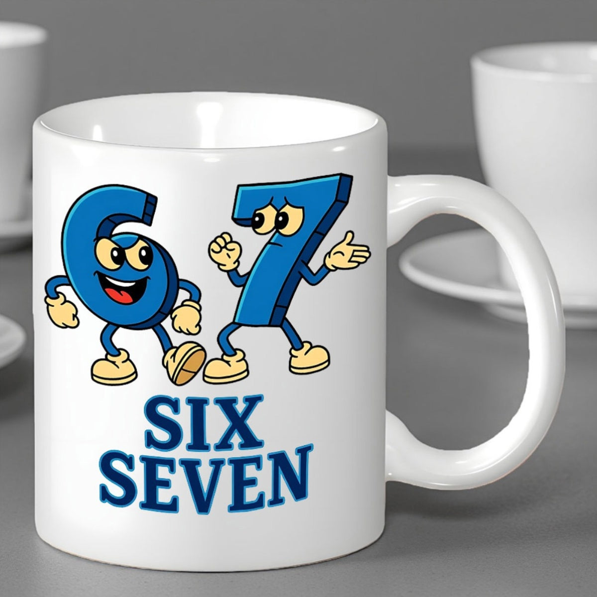 Tailorly White Ceramic 11 oz Mug - Six Seven Two Vibrant Blue Cartoon Numbers With Expressive Faces And Dancing Limbs Character