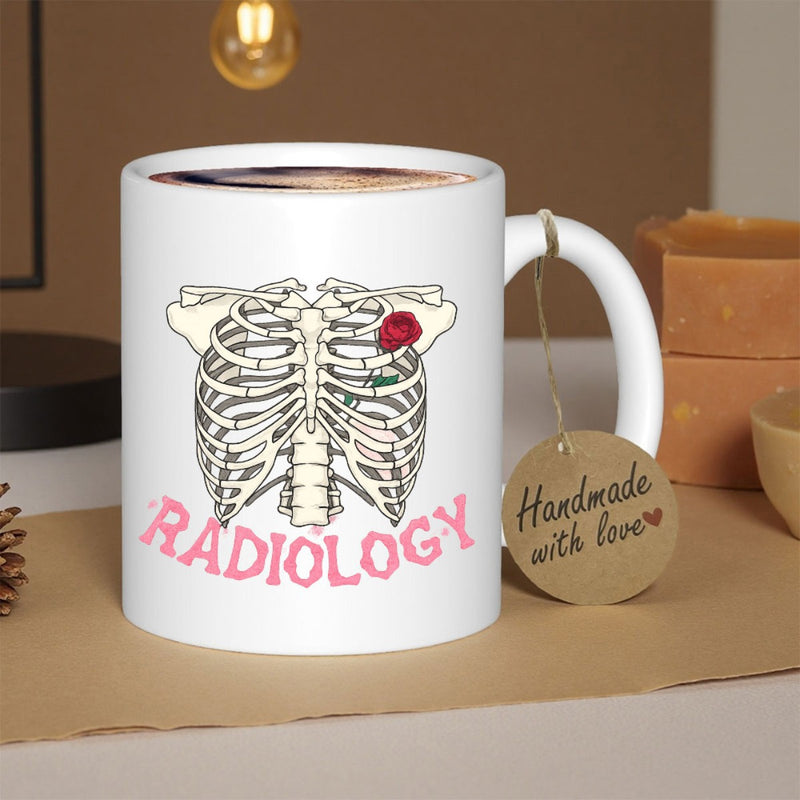 Tailorly White Ceramic 11 oz Mug - Radiology Human Rib Cage Design Featuring A Delicate Single Red Rose Ribcage