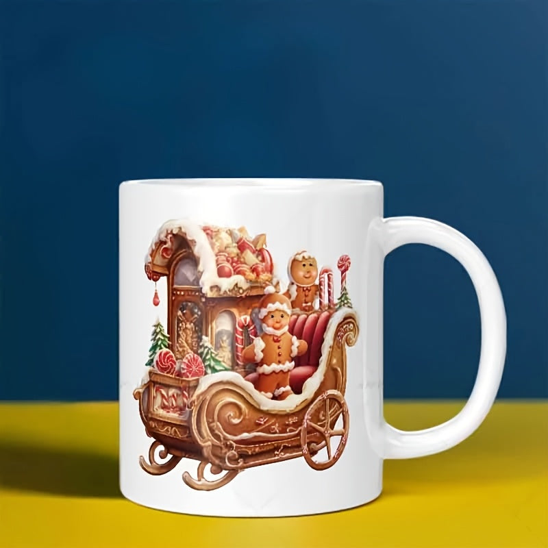 Tailorly White Ceramic 11 oz Mug - Festive Holiday Gingerbread Scene Featuring A Snow Covered Candy Decorated Sleigh