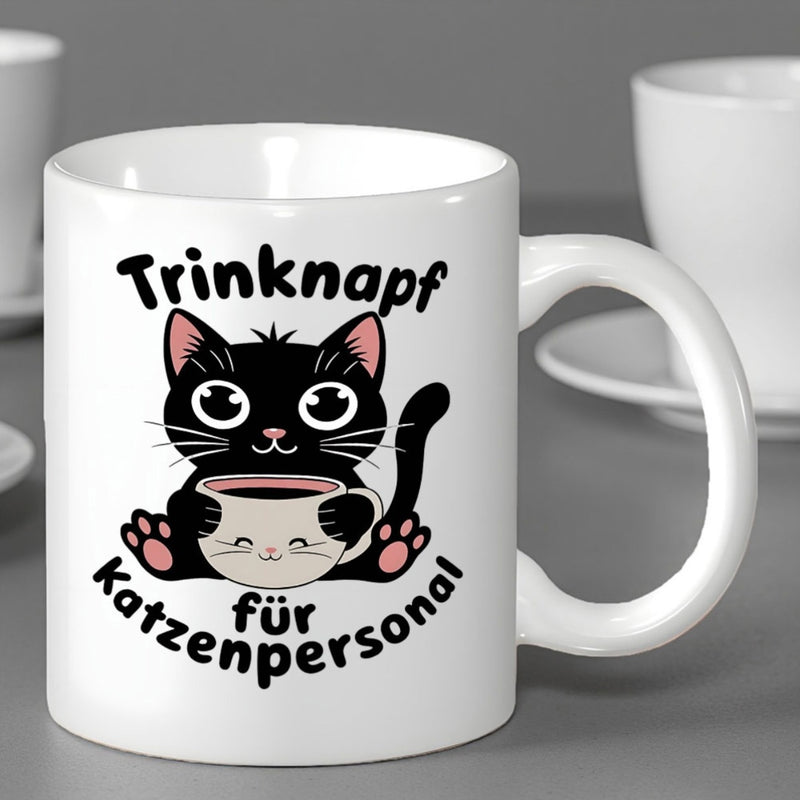 Tailorly White Ceramic 11 oz Mug - Cute Cartoonish Black Kitten Holding Small Mug Of Steaming Coffee Cat