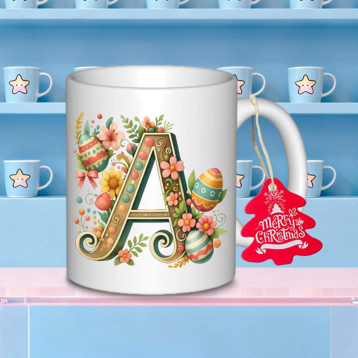 Tailorly White Ceramic 11 oz Mug - A Merry Christmas Vintage Style Floral Letter With Colorful Easter Eggs And Blooming Spring Flowers Mug