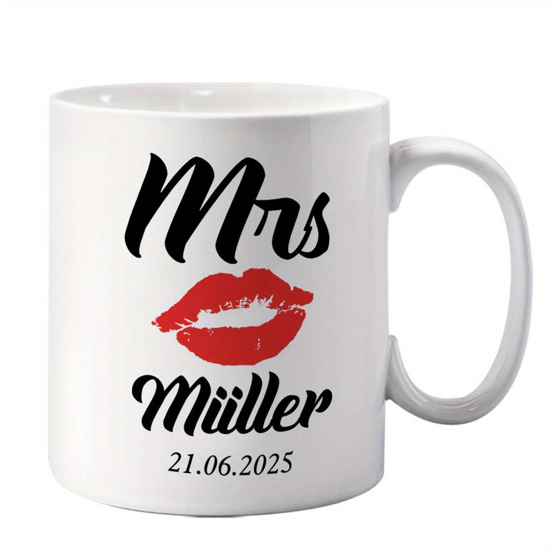 Tailorly White Ceramic 11 oz Mug - Mrs Bold Red Artistic Lipstick Mark With Romantic Calligraphy Anniversary Date Lips