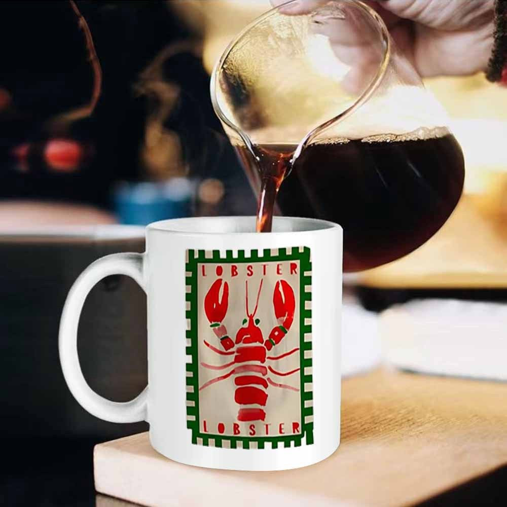 Tailorly White Ceramic 11 oz Mug - Lobster Vibrant Red Sea Crustacean Inside Vintage Green Bordered Stamp Lobster