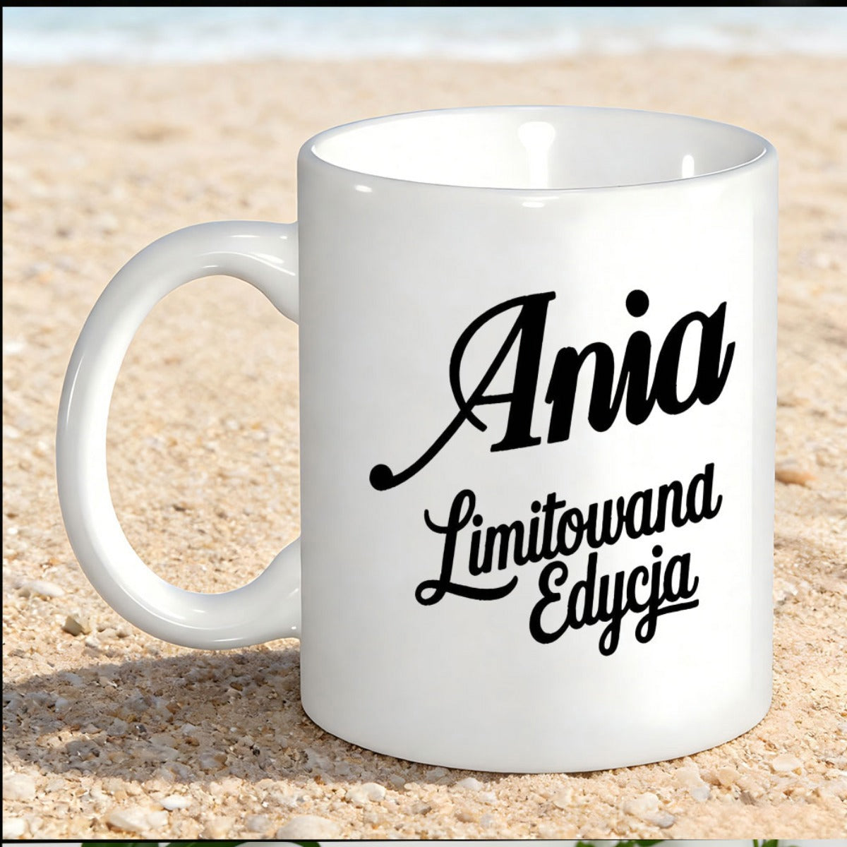 Tailorly White Ceramic 11 oz Mug - Sleek White Ceramic Coffee Cup Placed On Gritty Golden Sand Mug