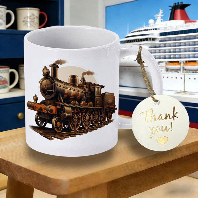 Tailorly White Ceramic 11 oz Mug - Vintage Steam Locomotive Moving Along Iron Tracks With Smoke Clouds Train