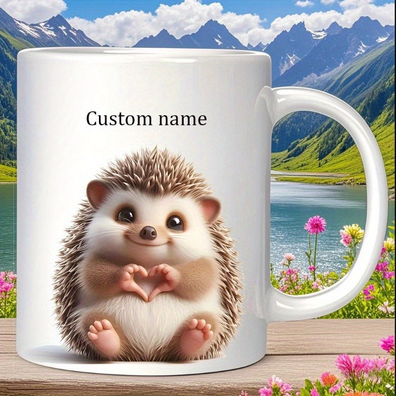 Tailorly White Ceramic 11 oz Mug - Custom Name Adorable Small Animal Sitting And Making Heart Shape With Tiny Paws Hedgehog