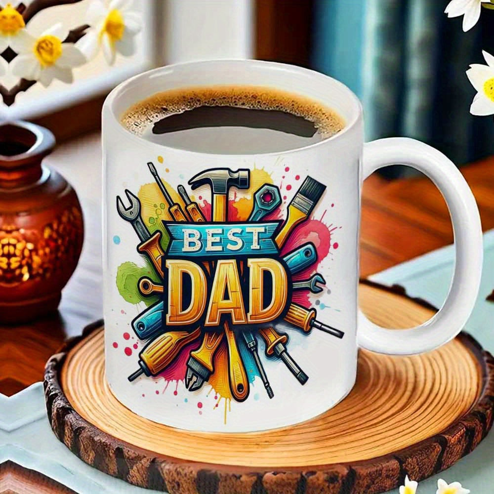 Tailorly White Ceramic 11 oz Mug - Best Dad Vibrant Splashes Of Color Surrounding Handyman Repair Equipment Tool