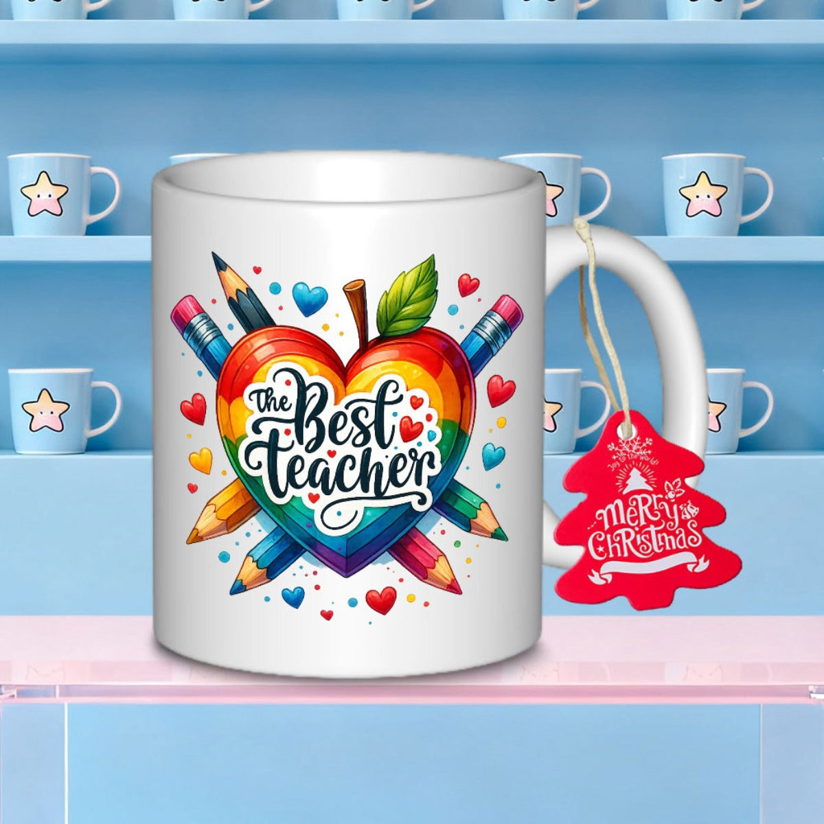 Tailorly White Ceramic 11 oz Mug - The Best Teacher Vibrant Rainbow Heart Shaped Apple Surrounded By Colorful Pencils And Hearts Apple