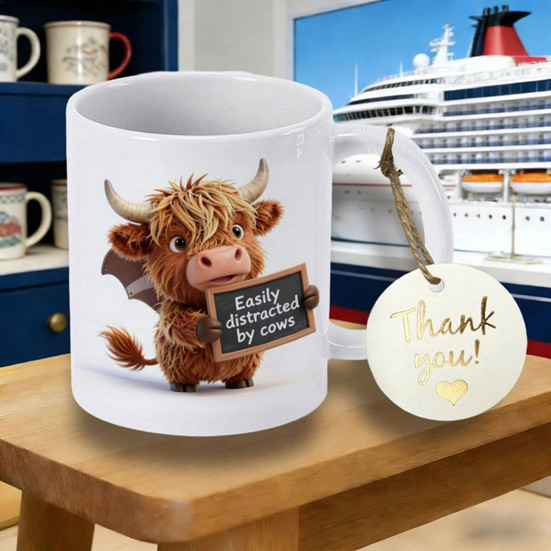 Tailorly White Ceramic 11 oz Mug - Easily Distracted By Cows Adorable Fluffy Highland Calf Holding Chalkboard Sign Standing In Simple Light Cow