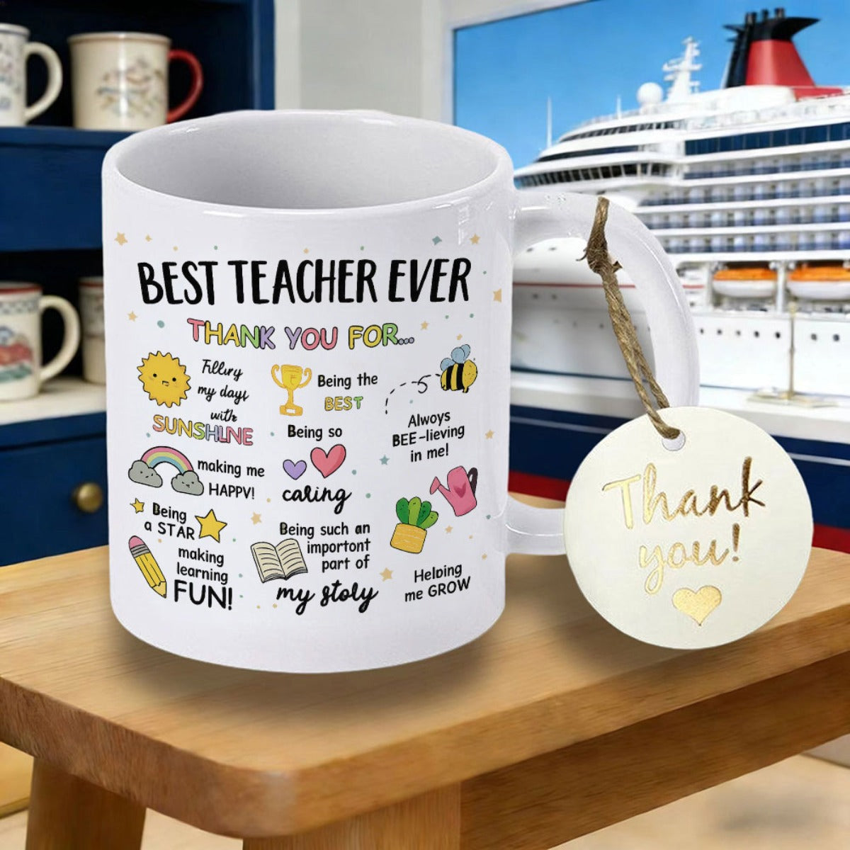 Tailorly White Ceramic 11 oz Mug - Best Teacher Ever Thank You Whimsical Hand Drawn Colorful Icons Featuring Sunshine Rainbow And Tiny Hearts Mug