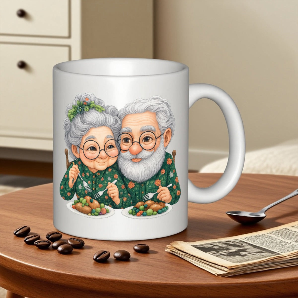 Tailorly White Ceramic 11 oz Mug - Charming Elderly Pair Sharing A Warm Meal Wearing Green Patterned Pajamas Couple
