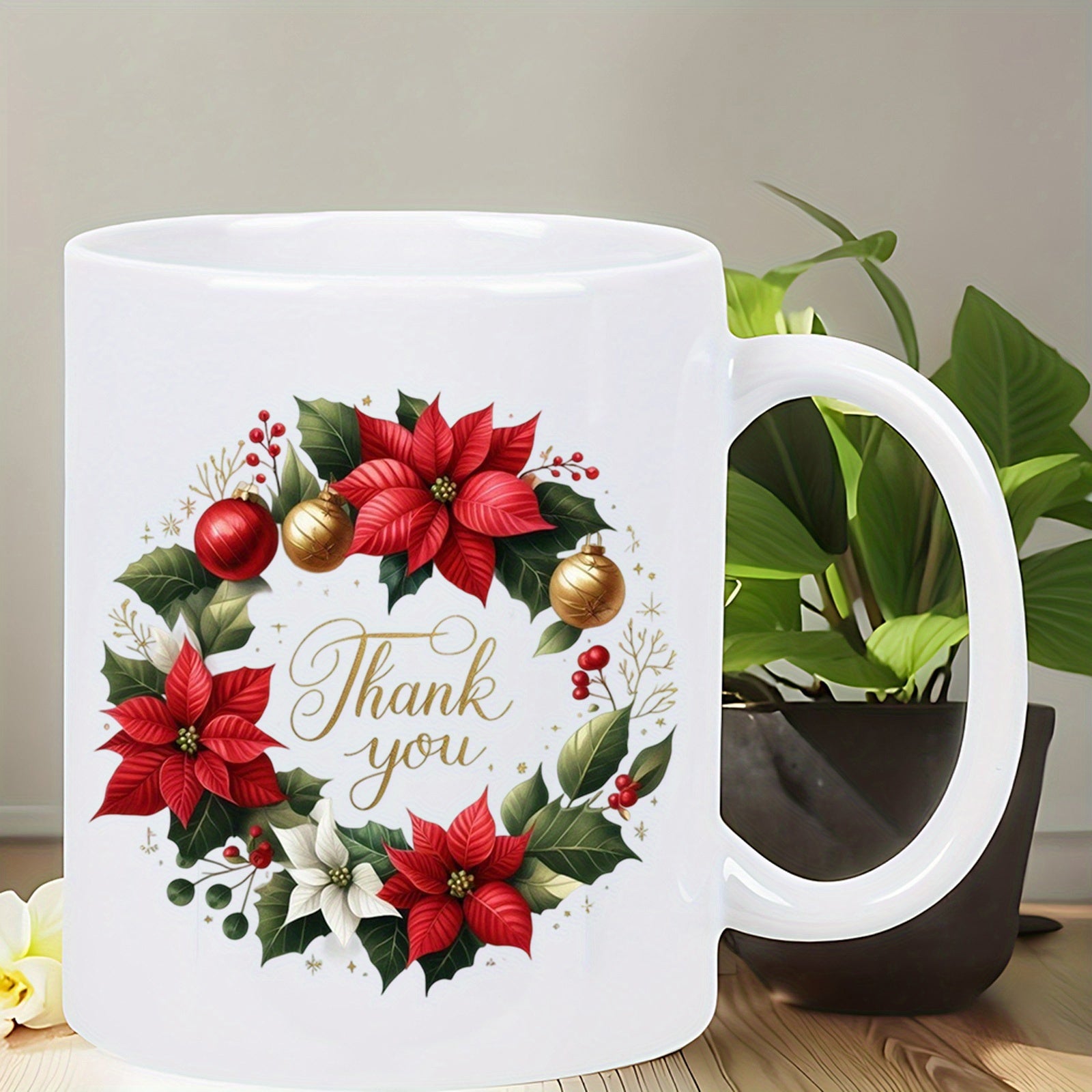 Tailorly White Ceramic 11 oz Mug - Thank You Vibrant Red Poinsettias Nestled Among Green Holly Leaves And Golden Baubles Wreath