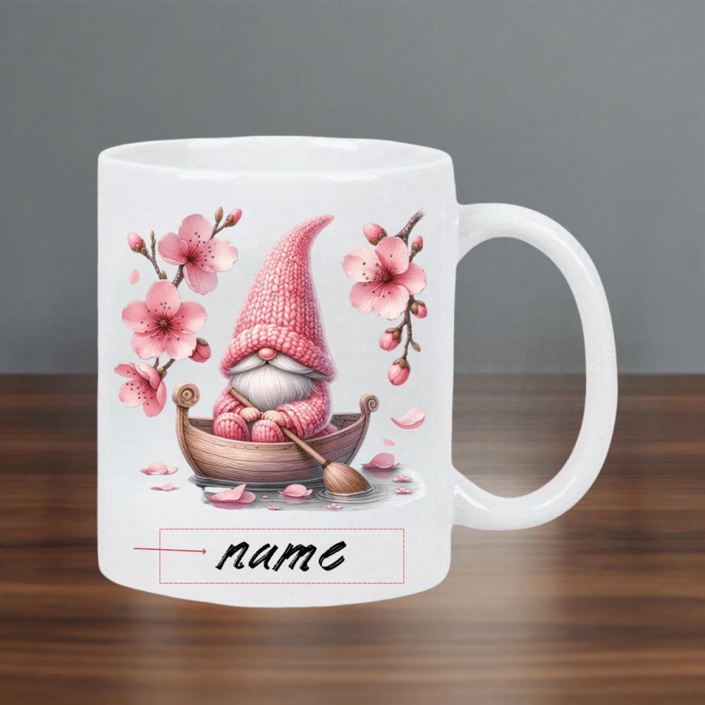 Tailorly White Ceramic 11 oz Mug - Name Adorable Pink Rowing Small Boat Surrounded By Delicate Spring Cherry Blossom Gnome