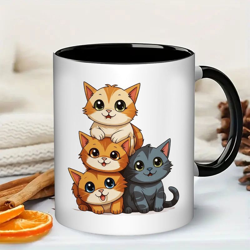 Tailorly Black Accent 11 oz Mug - cute kitten stack cartoon cat