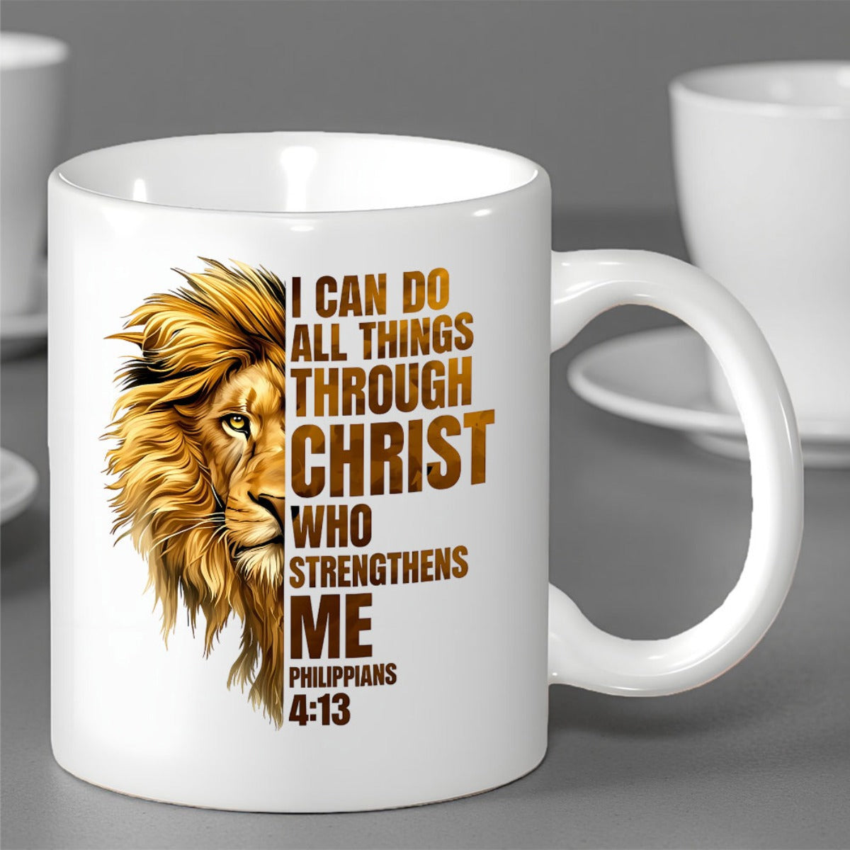 Tailorly White Ceramic 11 oz Mug - I Can Do All Things Through Christ Who Strengthens Me Philippians 4 13 Golden Majestic Half Profile Face Of A Fierce Wild Lion