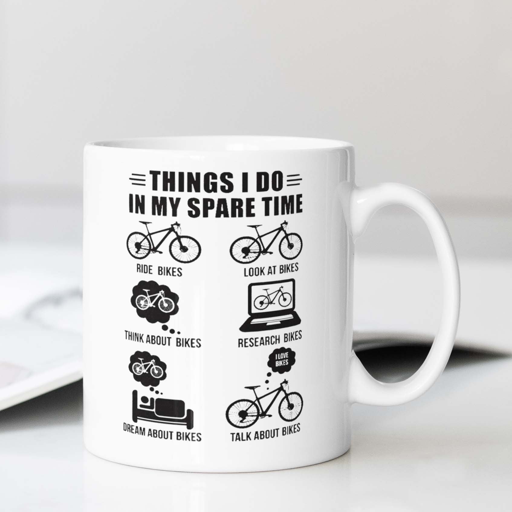 Tailorly White Ceramic 11 oz Mug - Things I Do In My Spare Time Minimalist Black Line Art Icons Illustrating Daily Hobbies And Passion Bicycle