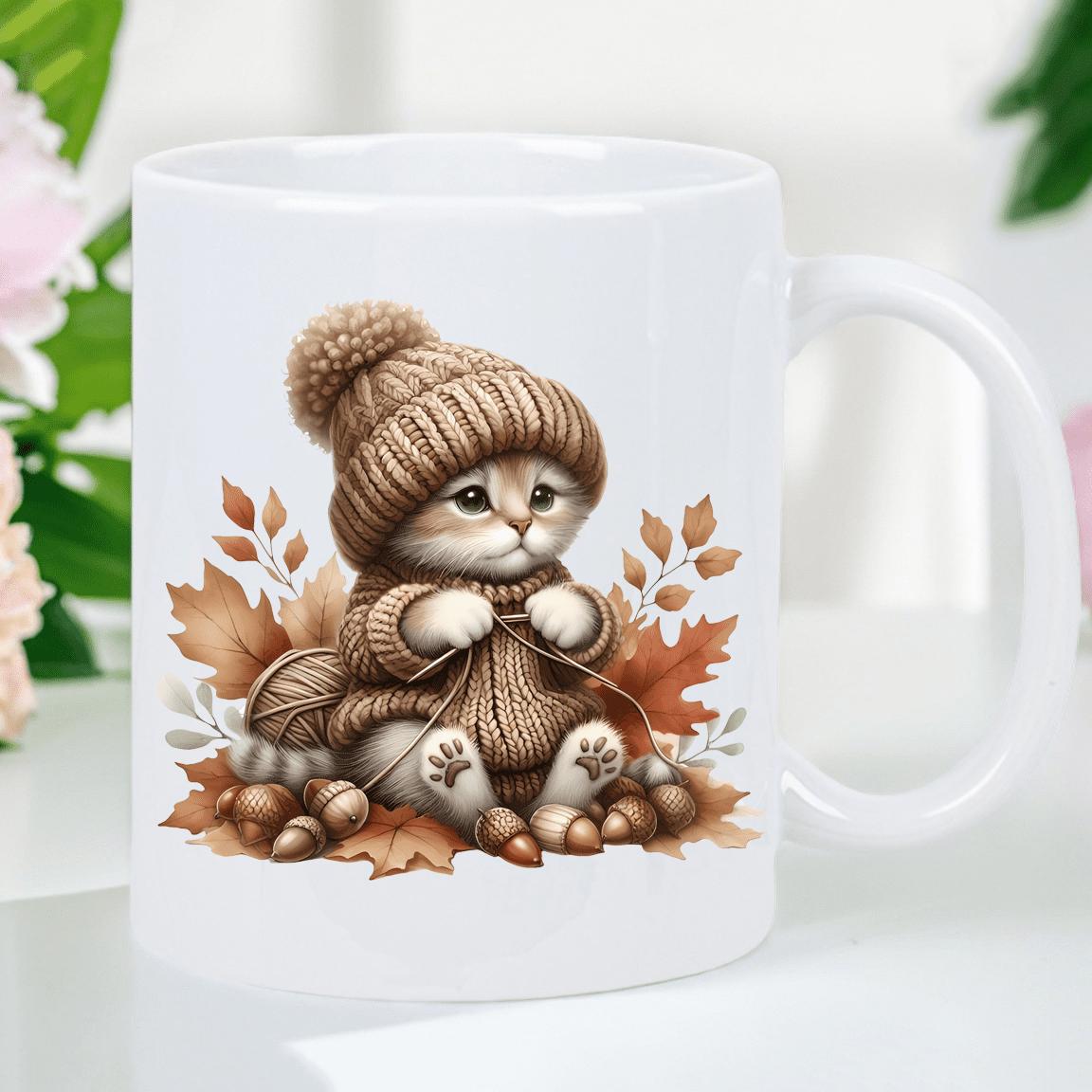 Tailorly White Ceramic 11 oz Mug - Adorable Fluffy Kitten Wearing Knitted Sweater Among Scattered Autumn Oak Leaves Cat