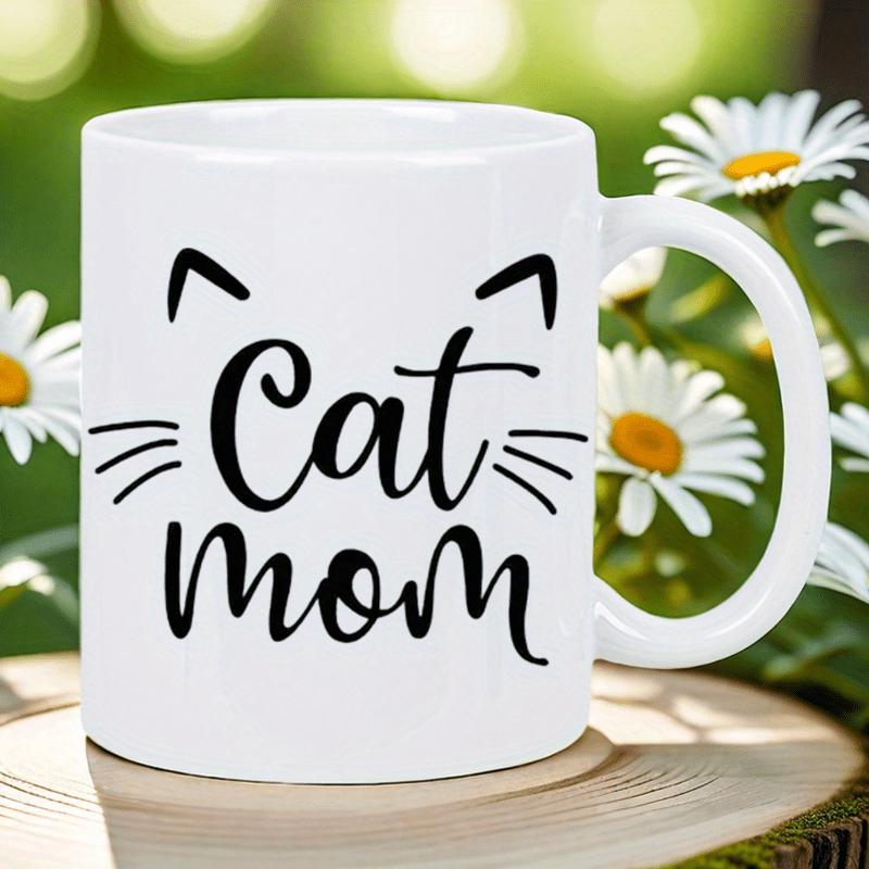 Tailorly White Ceramic 11 oz Mug - Cat Mom Simple Black Line Art Features Showing Whiskers And Ears On White Cat