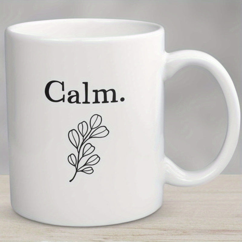 Tailorly White Ceramic 11 oz Mug - Calm Minimalist Elegant Black Line Drawing Of A Delicate Stem With Small Leaves Branch