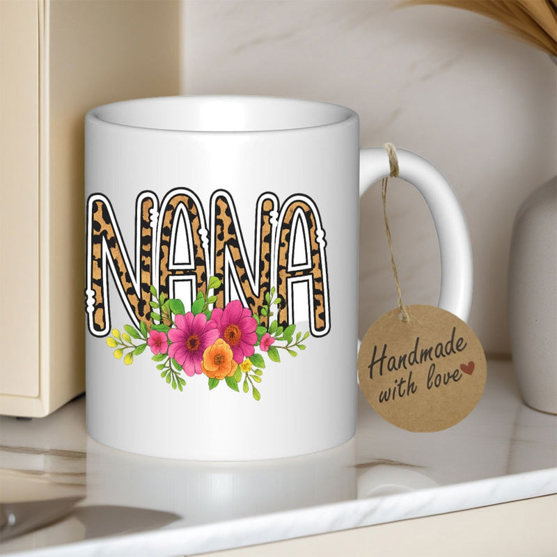 Tailorly White Ceramic 11 oz Mug - Nana Leopard Print Pattern Letters Surrounded By Blooming Pink And Orange Floral Flower