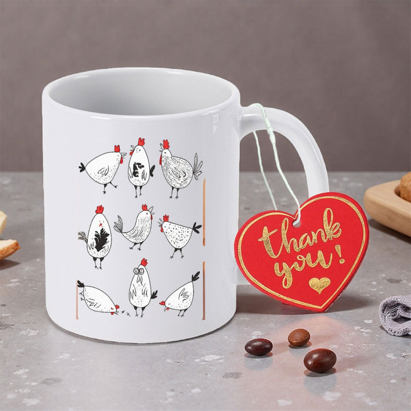 Tailorly White Ceramic 11 oz Mug - Thank You Minimalist Line Art Stylized White Chickens In Various Playful Poses Chicken