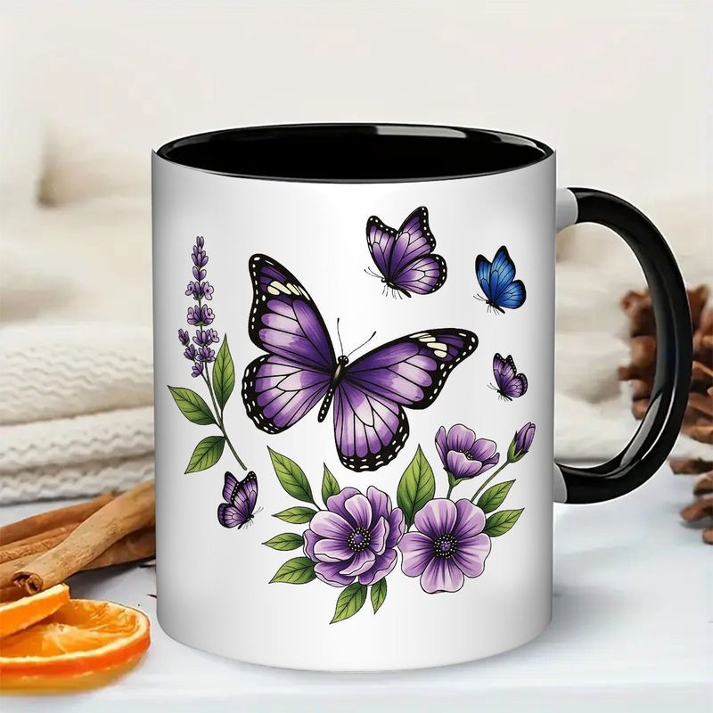 Tailorly Black Accent 11 oz Mug - lavender floral pattern