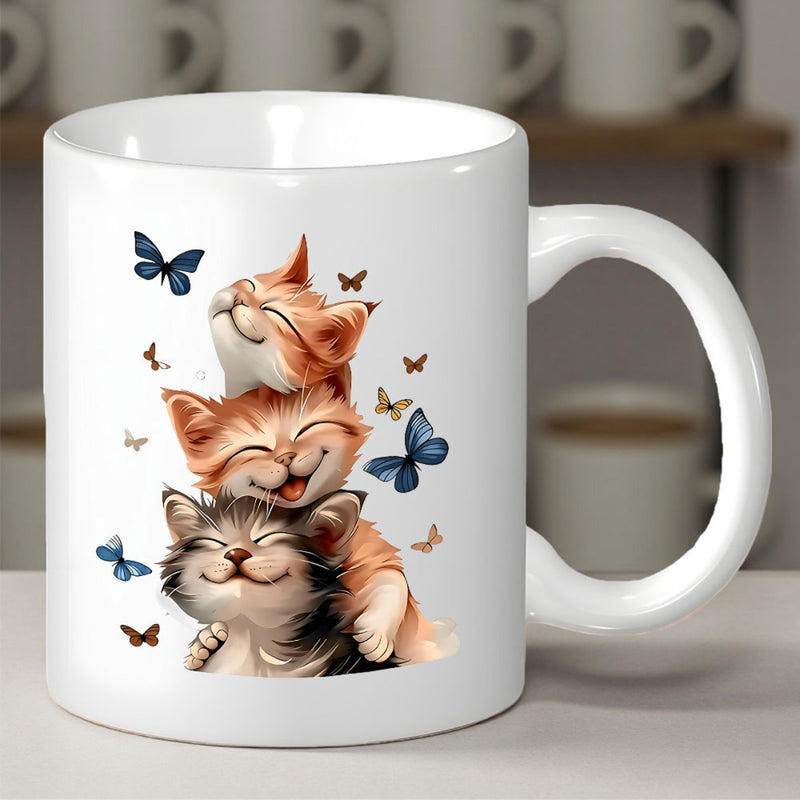 Tailorly White Ceramic 11 oz Mug - Three Adorable Smiling Playful Kittens Stacked Together Surrounded By Colorful Fluttering Butterflies Cat
