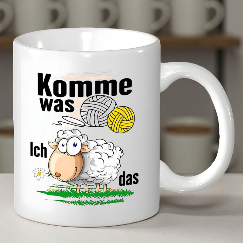 Tailorly White Ceramic 11 oz Mug - Cute Fluffy Cartoon Sheep With Two Colorful Yarn Balls On Grass Sheep