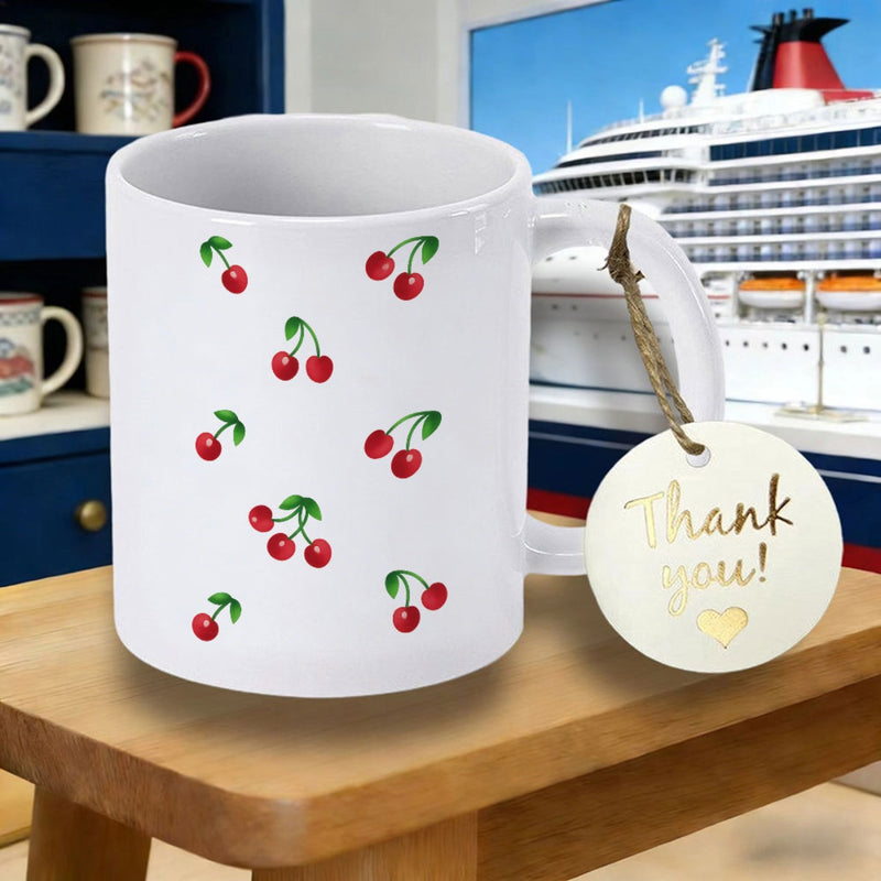 Tailorly White Ceramic 11 oz Mug - Thank You Red Ripe Fruit Pairs With Green Stems Scattered On White Background Cherry