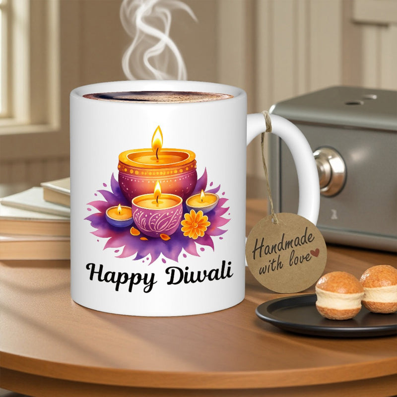 Tailorly White Ceramic 11 oz Mug - Happy Diwali Vibrant Purple Decorative Base With Glowing Golden Flames Traditional Festive Diya