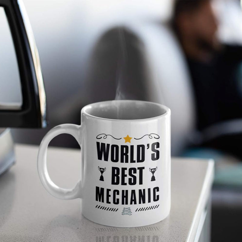 Tailorly White Ceramic 11 oz Mug - Worlds Best Mechanic Bold Typography Design Featuring Trophies And Industrial Gear Mechanic