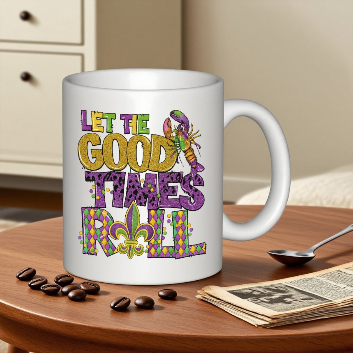 Tailorly White Ceramic 11 oz Mug - Let The Good Times Roll Vibrant Mardi Gras Patterns Featuring A Crawfish And Traditional Fleur De Lis Mug