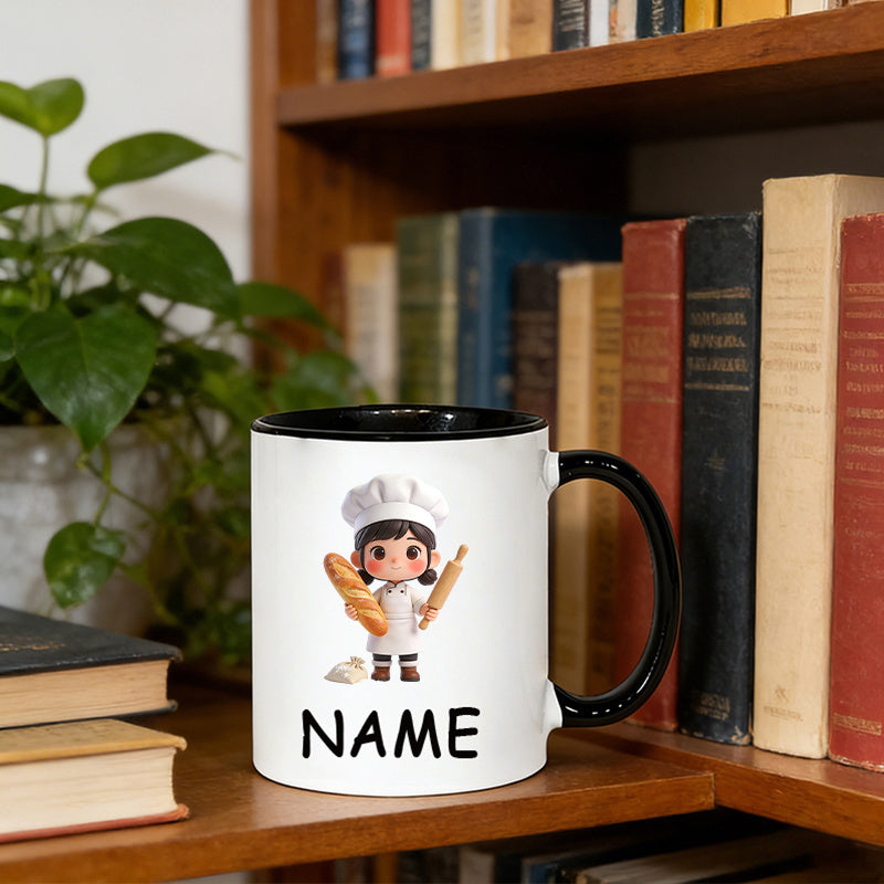 Tailorly Black Accent 11 oz Mug - cute character wearing Halloween and Christmas themed elements