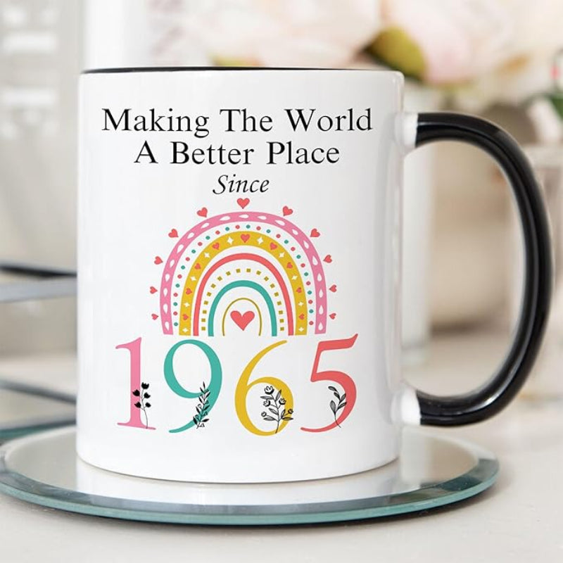 Tailorly Black Accent 11 oz Mug - 1965 60th birthday text "making the world a better place"
