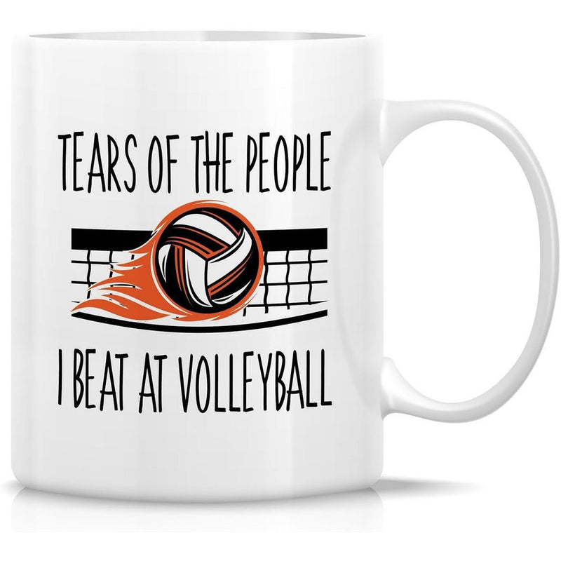 Tailorly White Ceramic 11 oz Mug - Tears Of The People I Beat At Volleyball Fast Moving Graphic With Orange Flames Flying Over A Net Volleyball