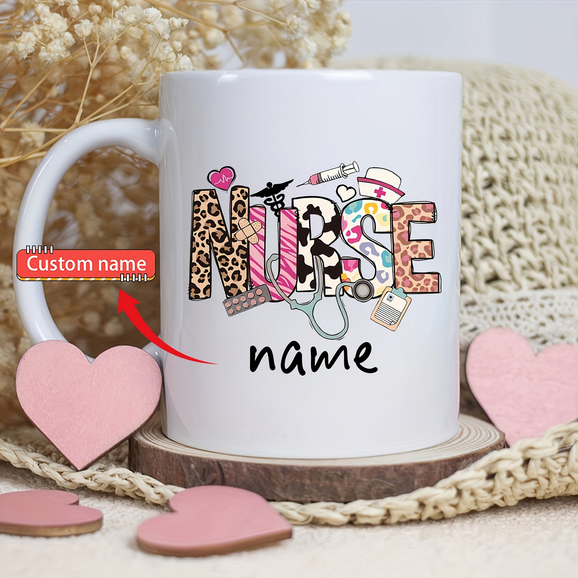 Tailorly White Ceramic 11 oz Mug - Nurse Name Decorative Animal Print Patterns With Medical Icons Featuring Stethoscope Nurse