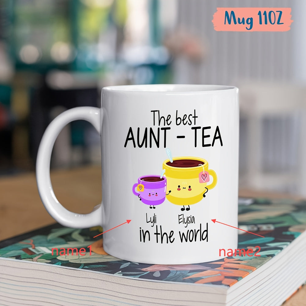 Tailorly White Ceramic 11 oz Mug - The Best Aunt Tea In The World Two Cute Anthropomorphic Tea Cups Holding Hands With Smiling Faces And Limbs Mug