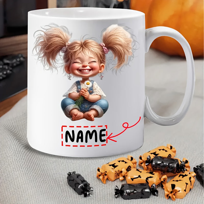 Tailorly White Ceramic 11 oz Mug - Name Smiling Pigtail Girl Holding A Flower Sitting Cross Legged Girl