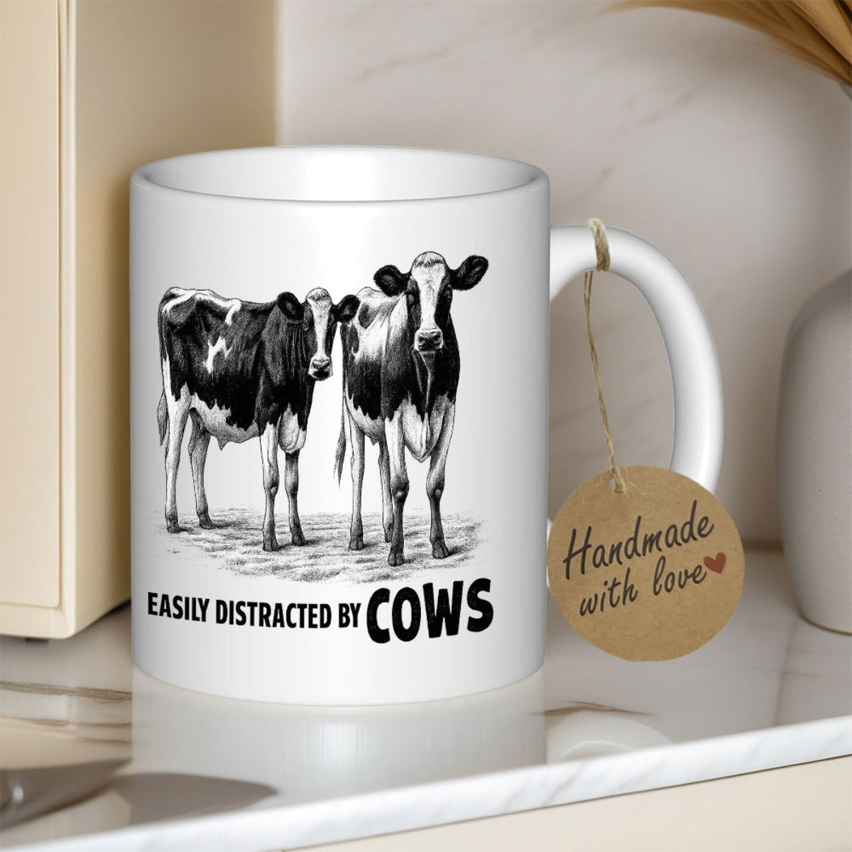 Tailorly White Ceramic 11 oz Mug - Easily Distracted By Cows Hand Drawn Vintage Style Farm Animals Standing On Grassy Field Cow