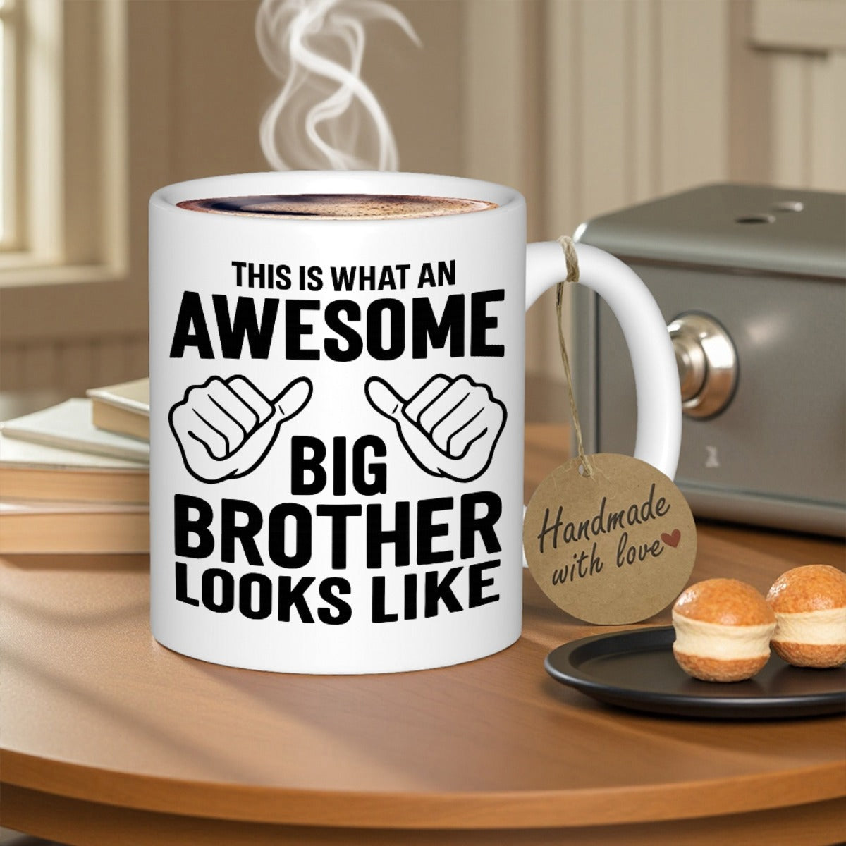 Tailorly White Ceramic 11 oz Mug - This Is What An Awesome Big Brother Looks Like Simple Line Art Hands With Thumbs Pointing Inward On