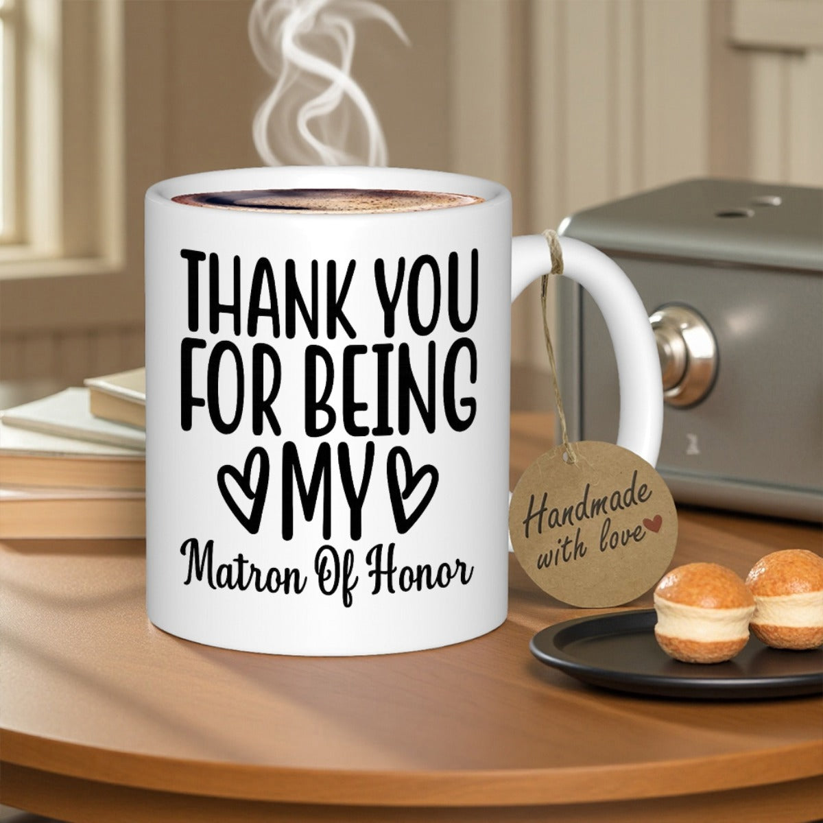 Tailorly White Ceramic 11 oz Mug - Thank You For Being My Matron Of Honor Elegant Ceramic Coffee Vessel Featuring Simple Black Typography And Decorative Hearts Mug