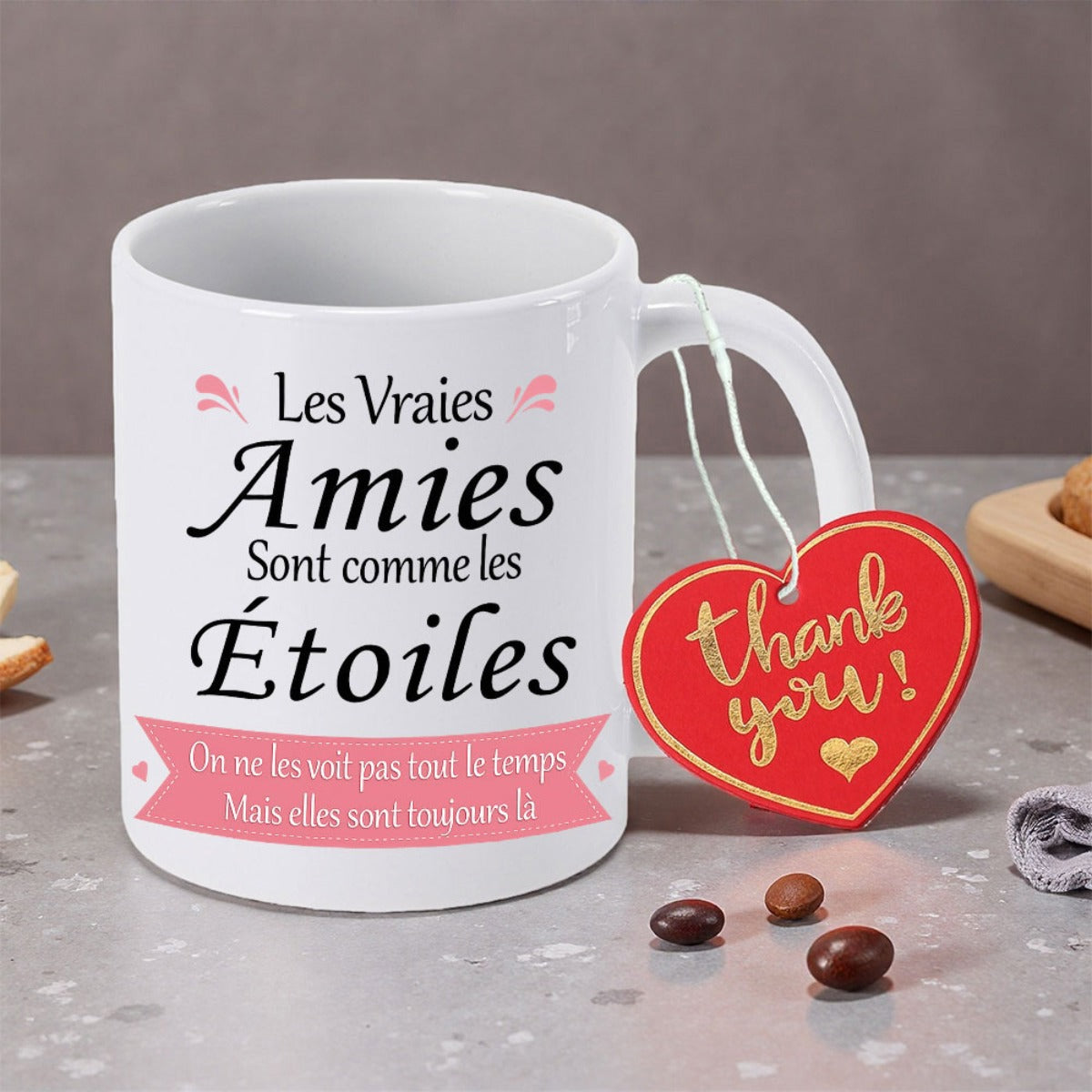 Tailorly White Ceramic 11 oz Mug - Thank You White Ceramic Body Featuring French Typography And Attached Red Heart Tag Mug