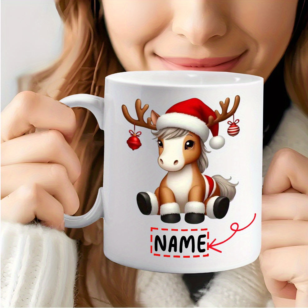 Tailorly White Ceramic 11 oz Mug - Adorable Festive Pony Wearing Santa Hat And Antlers Among Hanging Ornaments Pony