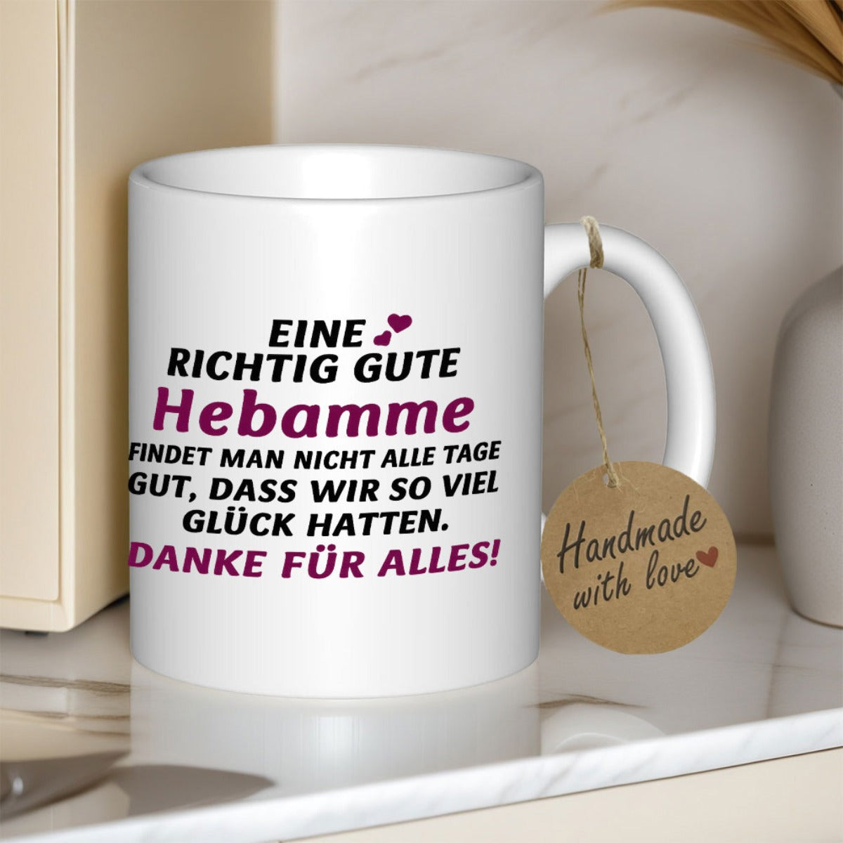 Tailorly White Ceramic 11 oz Mug - Handmade With Love Minimalist Featuring Delicate Pink Hearts And Bold Typography Mug