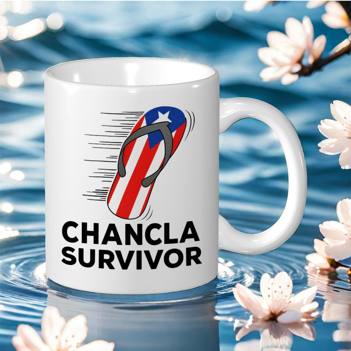 Tailorly White Ceramic 11 oz Mug - Chancla Survivor Flying Flip Flop Featuring Puerto Rican Flag Under Motion Lines Mug