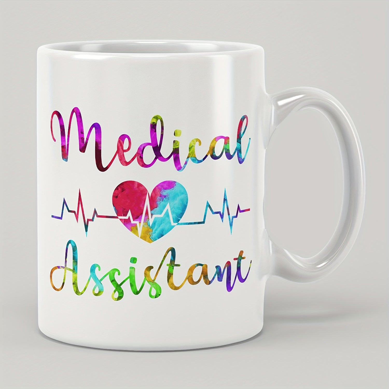 Tailorly White Ceramic 11 oz Mug - Medical Assistant Vibrant Colorful Tie Dye Texture With Heartbeat Line Flowing Across The Heart